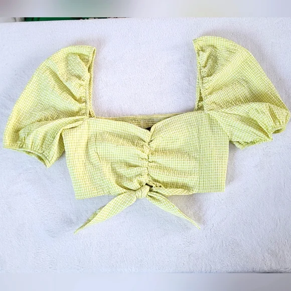 💕 Zara NEW Lime Yellow Gingham Plaid Crop Bubble Sleeves Checkered Knot Zipper - Picture 2 of 15